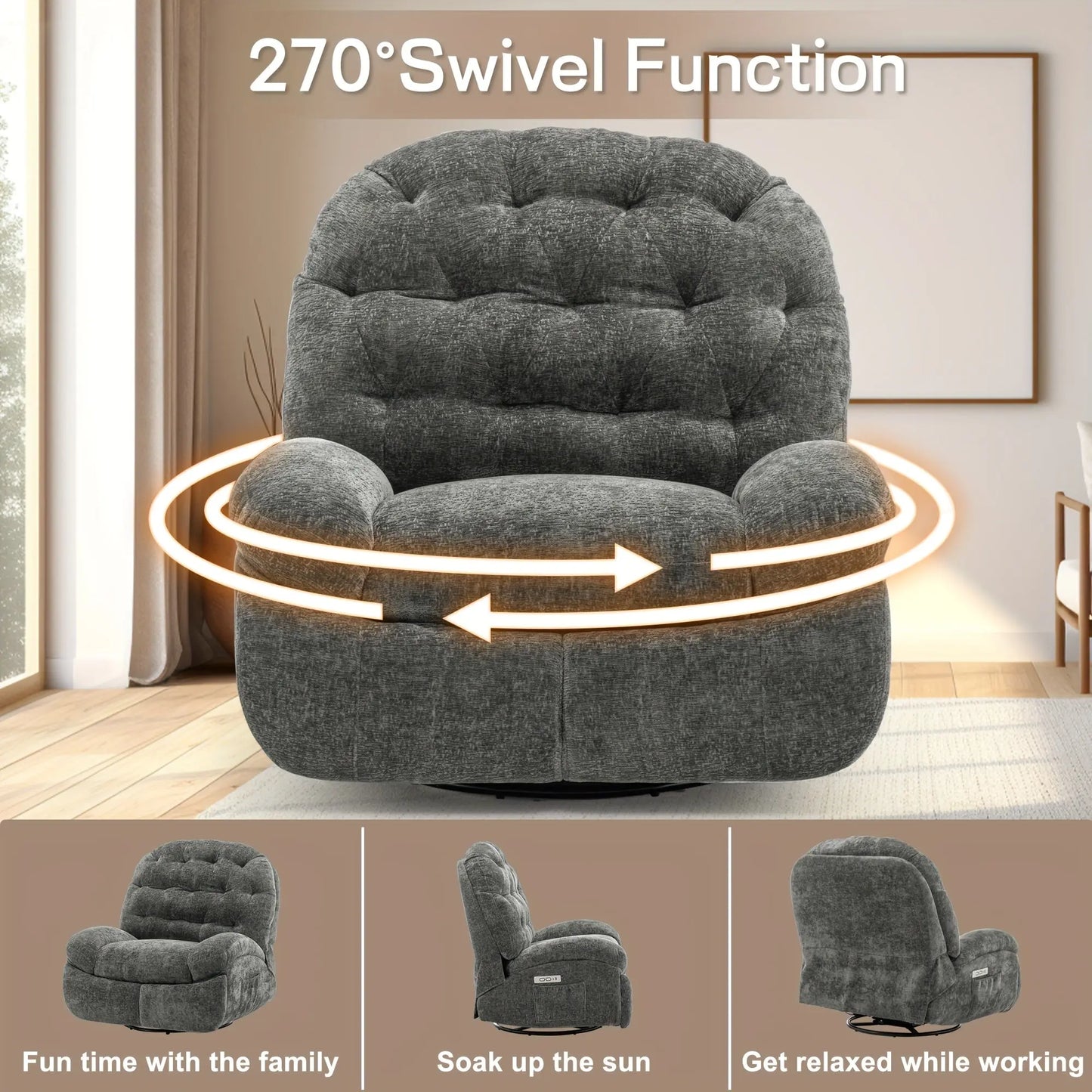 Gray recliner chair with 270-degree swivel function in a room setting.