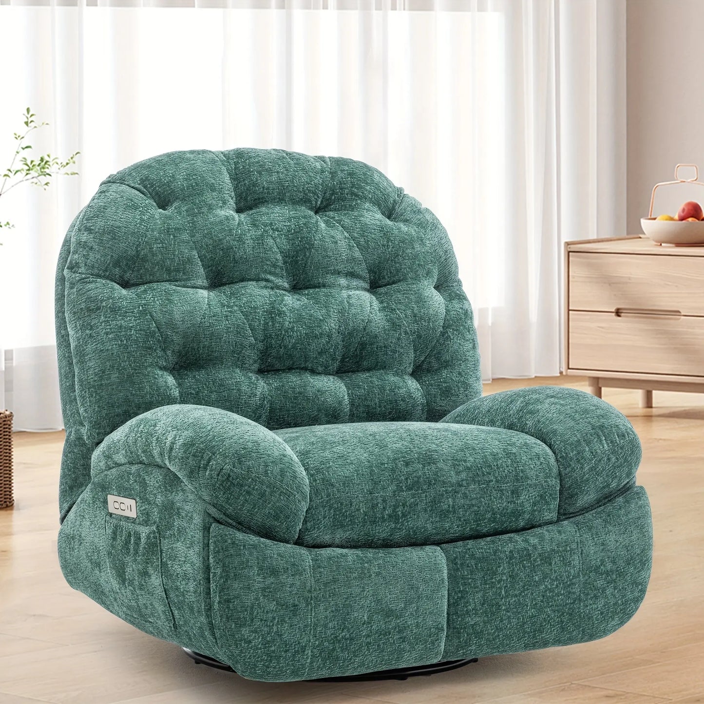 Green recliner chair in a room with curtains and a dresser.
