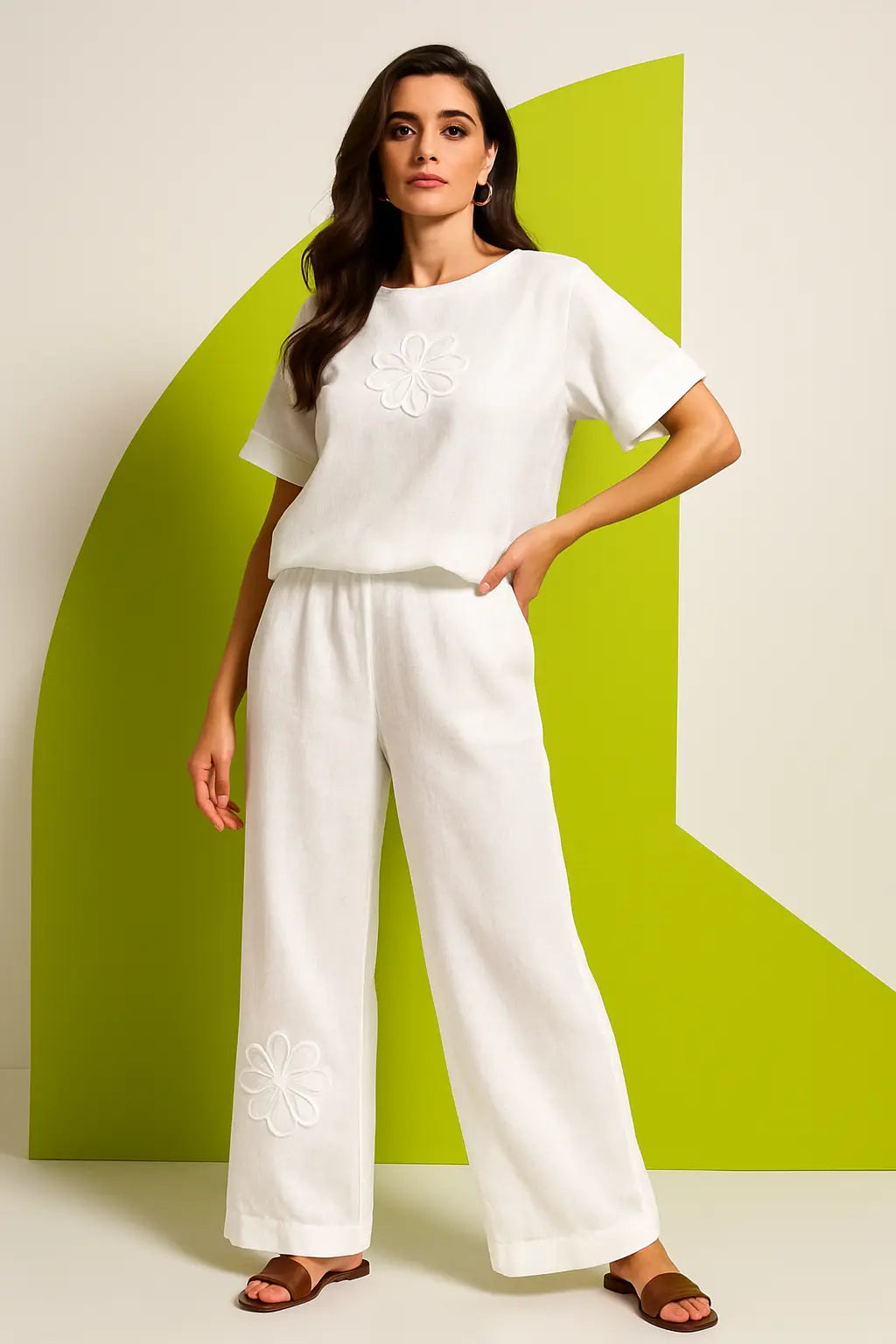 A model showcases the effortless elegance of The Vice City Linen Set from Fantascticz. She poses confidently against a vibrant lime green background, wearing the chic two-piece set in brilliant white. The image highlights the relaxed fit of the top and the graceful, flowing silhouette of the wide-leg pants, embodying the luxurious leisure style of the 1980s. This is sophisticated comfort, redefined by Fantascticz: Then, Now & Always.