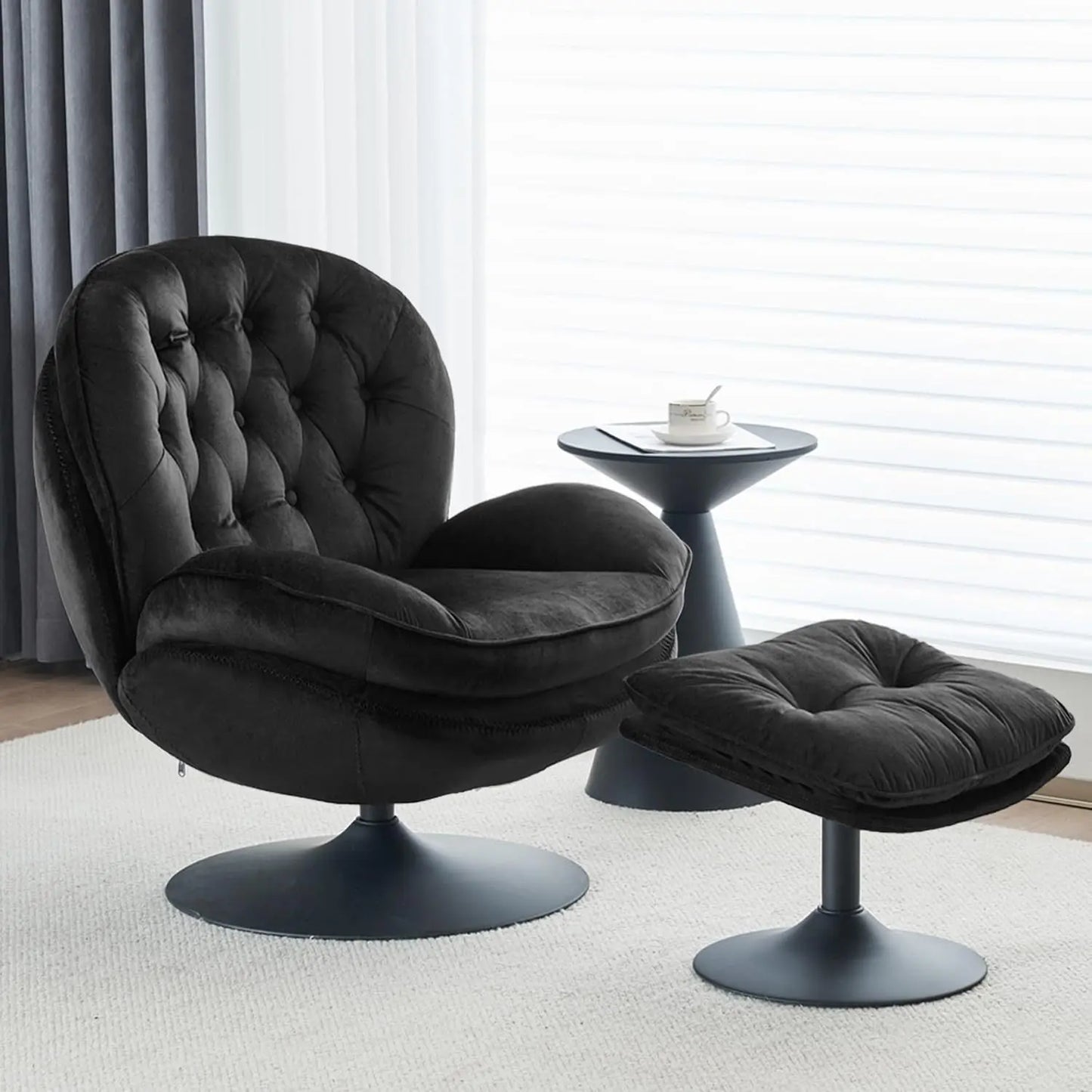 The Sleek Onyx Black Vortex Chair by Fantascticz. A tufted, armless swivel barrel chair shown with its matching ottoman in a stylish setting.