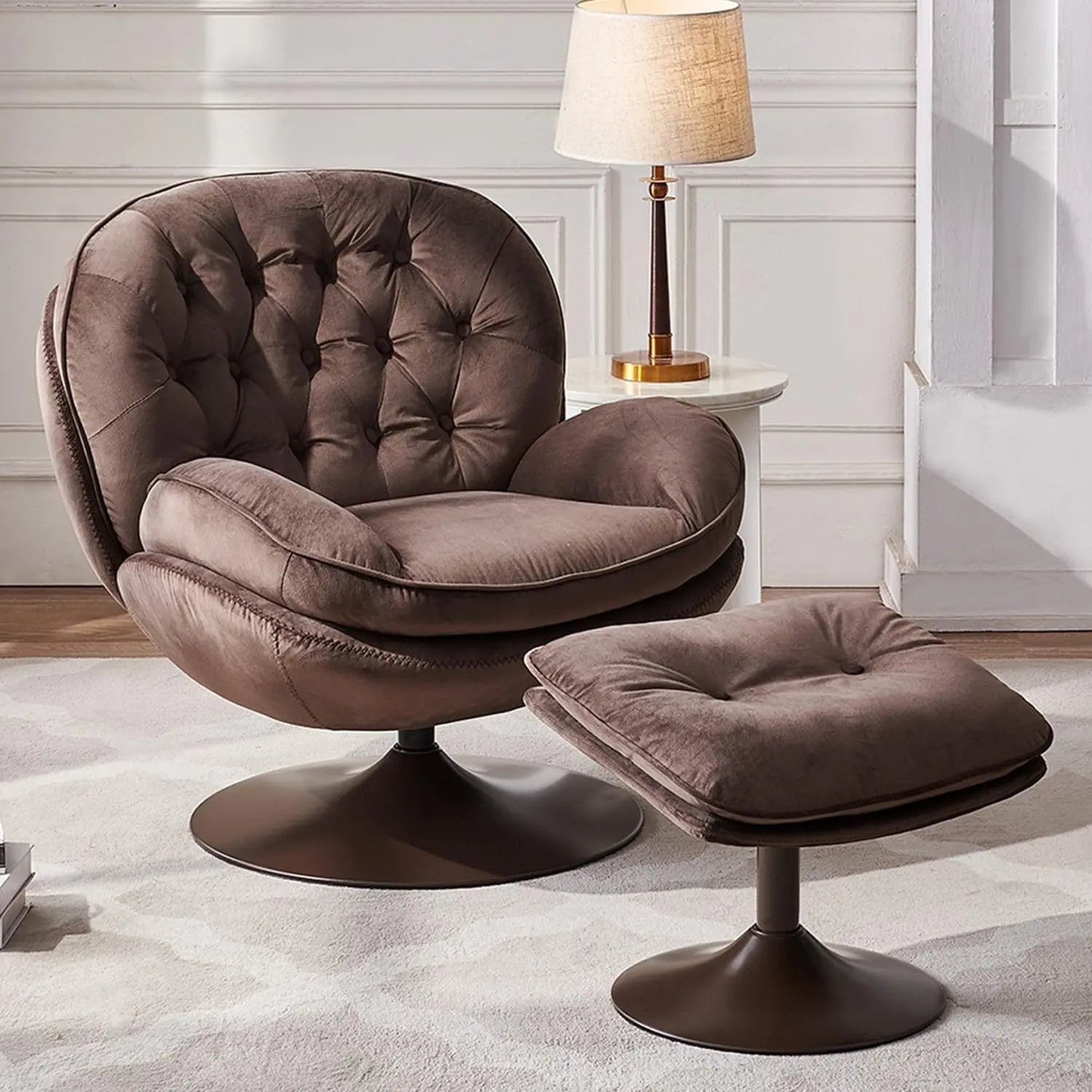The Rich Espresso Brown Vortex Chair by Fantascticz. A tufted, armless swivel barrel chair shown with its matching ottoman in a stylish setting.