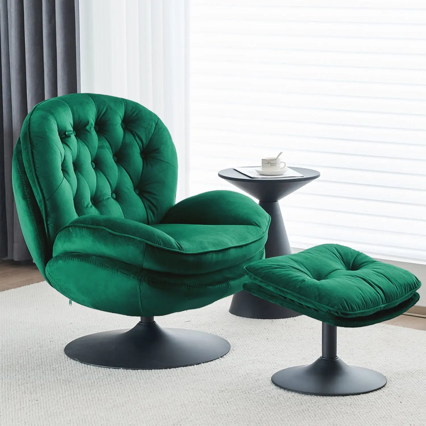 The Lush Emerald Green Vortex Chair by Fantascticz. A tufted, armless swivel barrel chair shown with its matching ottoman in a stylish setting.