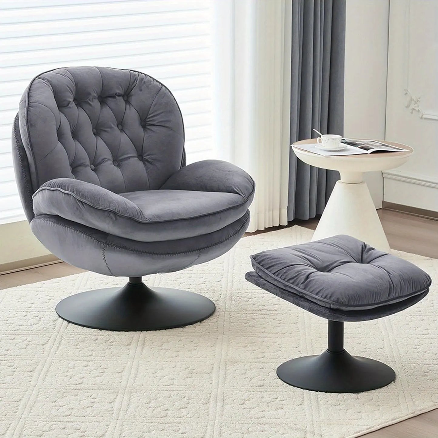 The Sophisticated Slate Gray Vortex Chair by Fantascticz. A tufted, armless swivel barrel chair shown with its matching ottoman in a stylish setting.