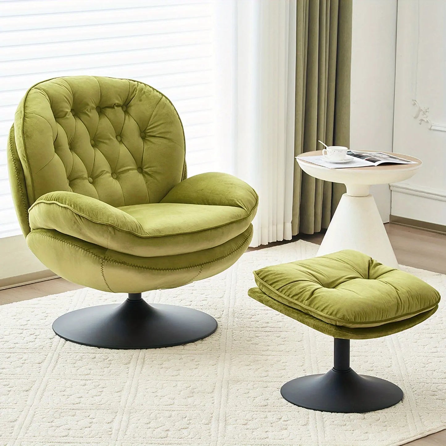 The Crisp Green Apple Vortex Chair by Fantascticz. A tufted, armless swivel barrel chair shown with its matching ottoman in a stylish setting.