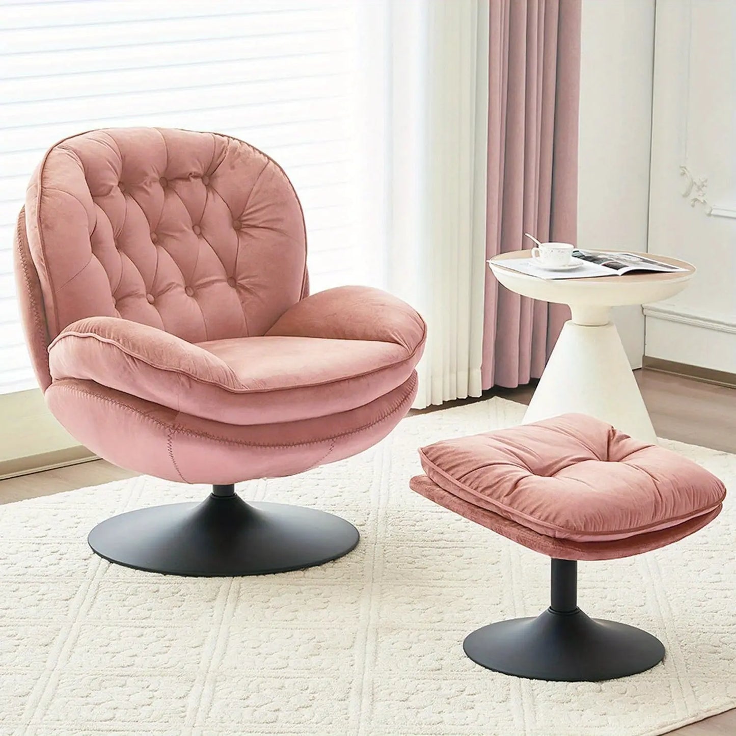 The Vibrant Pop Pink Vortex Chair by Fantascticz. A tufted, armless swivel barrel chair shown with its matching ottoman in a stylish setting.