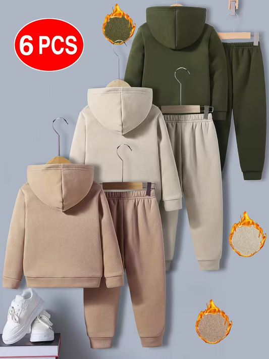 Three sets of children’s fleece-lined tracksuits in olive green, off-white, and tan. Each set includes a cozy hoodie and matching sweatpants. The image is labeled with “6 PCS” and icons indicating a warm lining.