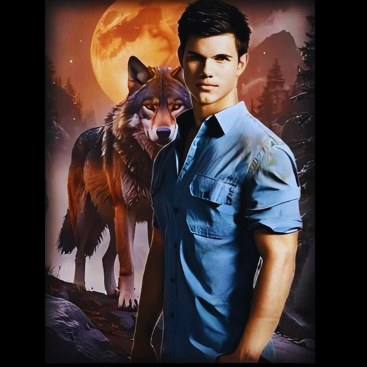 A fantasy art piece of Taylor Lautner as Jacob Black in a blue shirt, with a large, detailed wolf at his side. The background is a dark, mystical forest with a full moon overhead, capturing the character’s werewolf transformation.