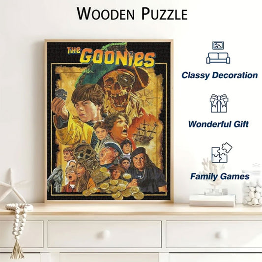 A framed wooden puzzle featuring the classic movie poster for 'The Goonies', displayed on a white shelf as a classy home decoration. Text on the image highlights it as a wonderful gift and a great family game.