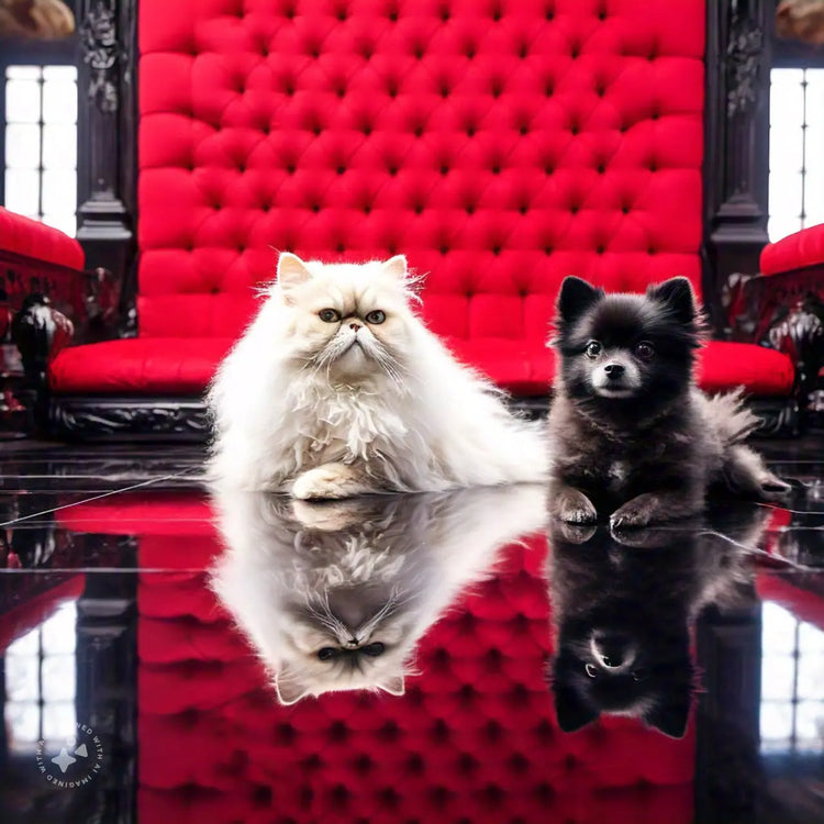 A fluffy white Persian cat and a small black Pomeranian dog sitting regally on a glossy black floor that reflects their images. In the background is a large, high-backed, tufted throne-like sofa in vibrant Fantascticz red.