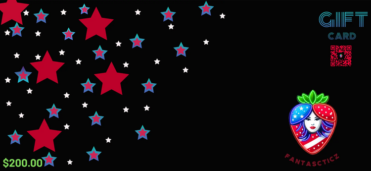 Sample $200.00 Fantascticz Gift Card Red White & Blue Themed On Black background.