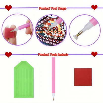 Collage of nail art tools with close-ups and a list of included items.