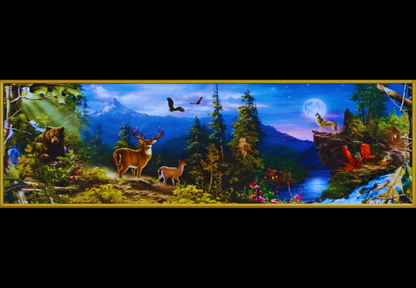 Panoramic scene of a forest with various animals and a mountainous background.
