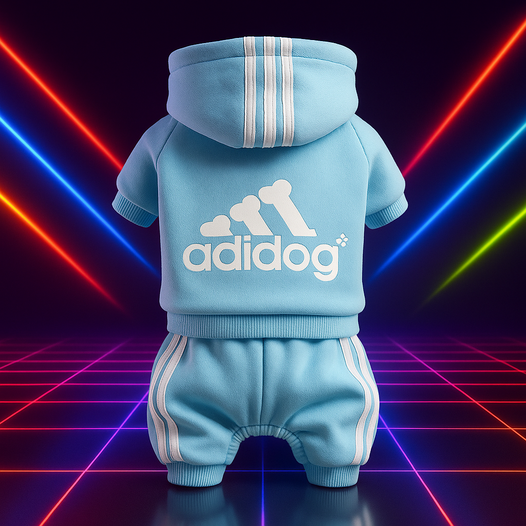 Light blue dog outfit with 'adidog' logo on a retro grid background