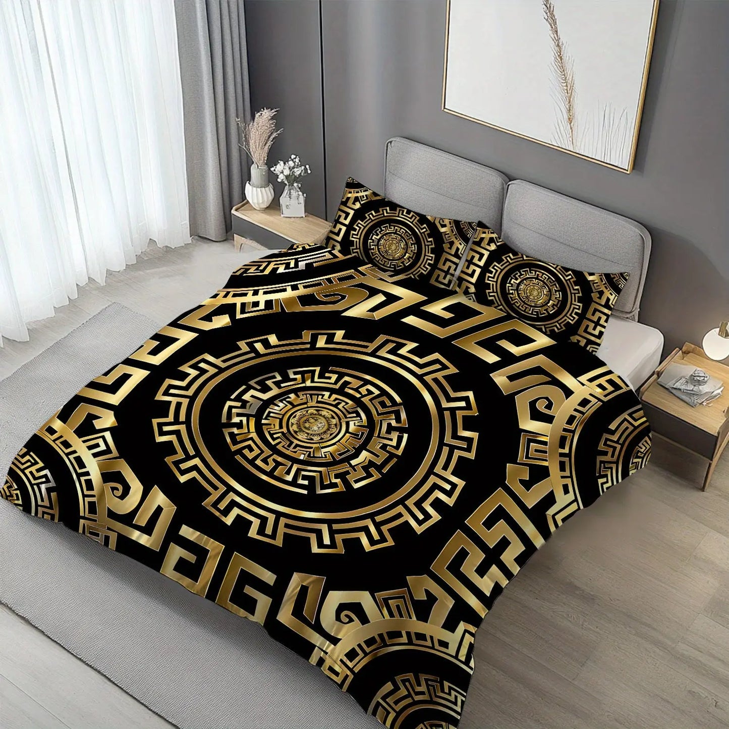 Bed with black and gold patterned bedding in a bedroom setting.