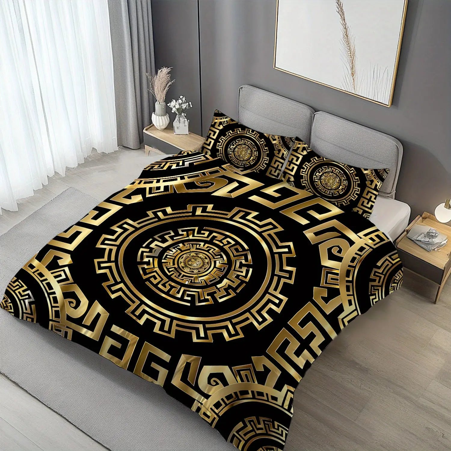 Bed with black and gold patterned bedding in a bedroom setting.