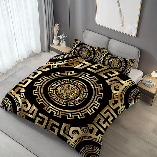 Bed with black and gold patterned bedding in a bedroom setting.
