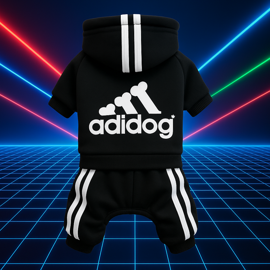 Black pet hoodie and shorts set with 'adidog' branding on a retro grid background.