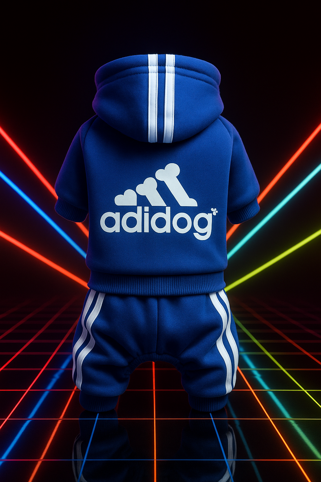 Blue hoodie and pants set with 'adidog' branding on a black background with colorful lights.