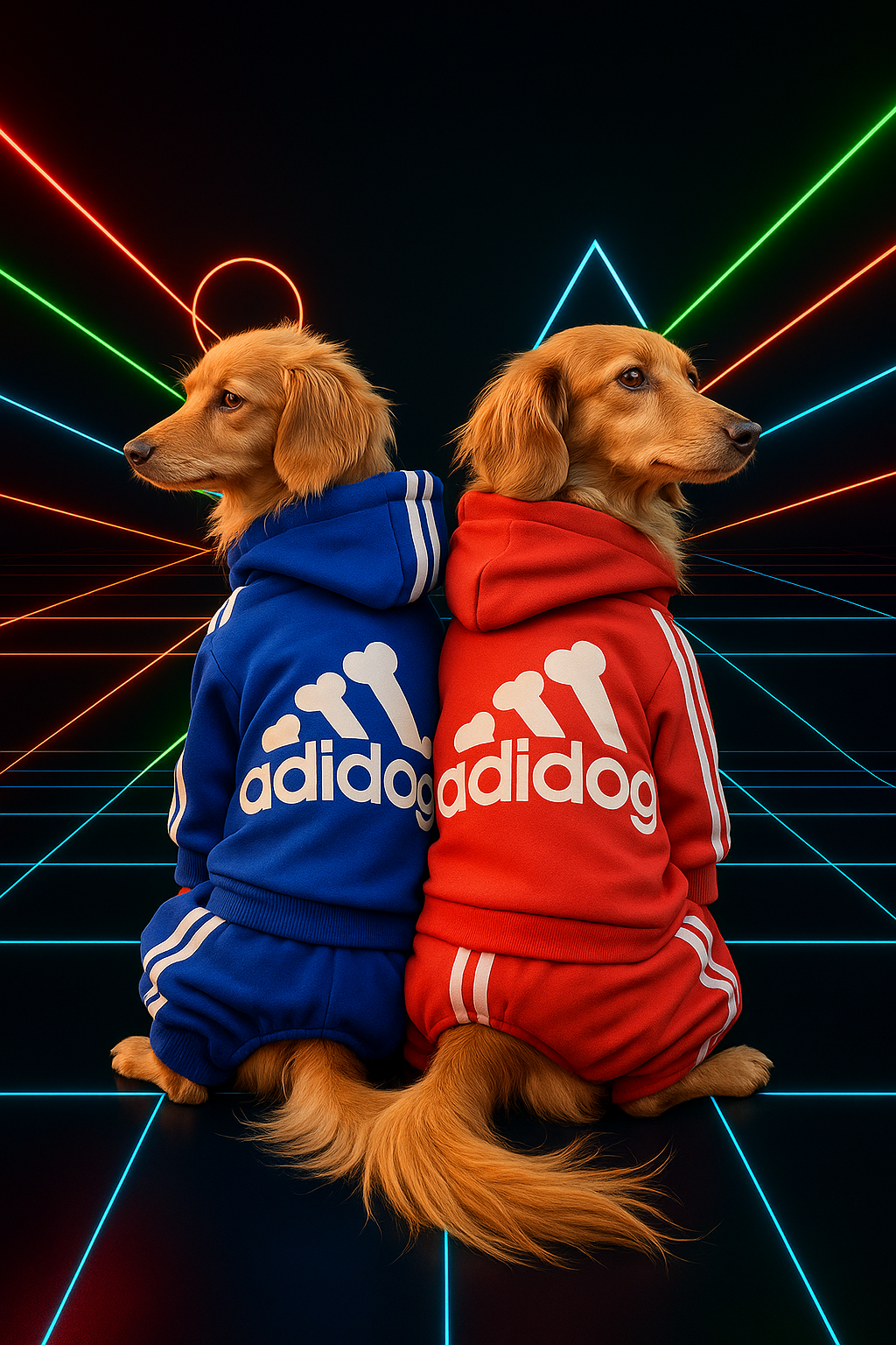 Two dogs wearing blue and red 'adidog' outfits against a neon light background