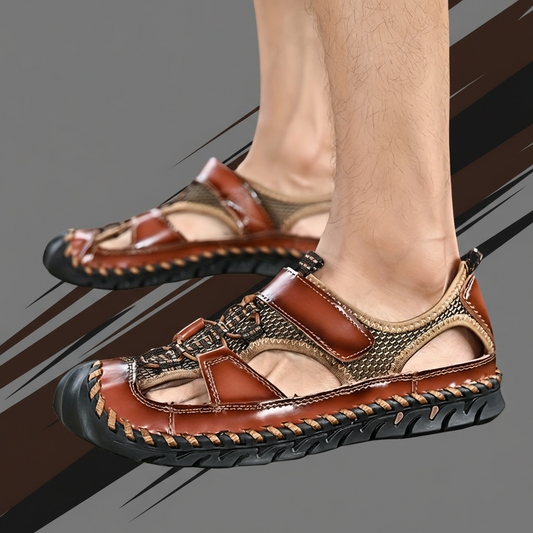 Brown sandals worn on feet with a gray background