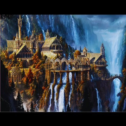 Fantasy castle amidst mountains and waterfalls