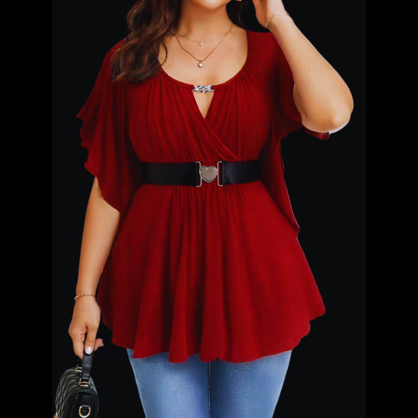 Romantic Deep Red Flutter Sleeve Surplice Blouse with Belt Detail