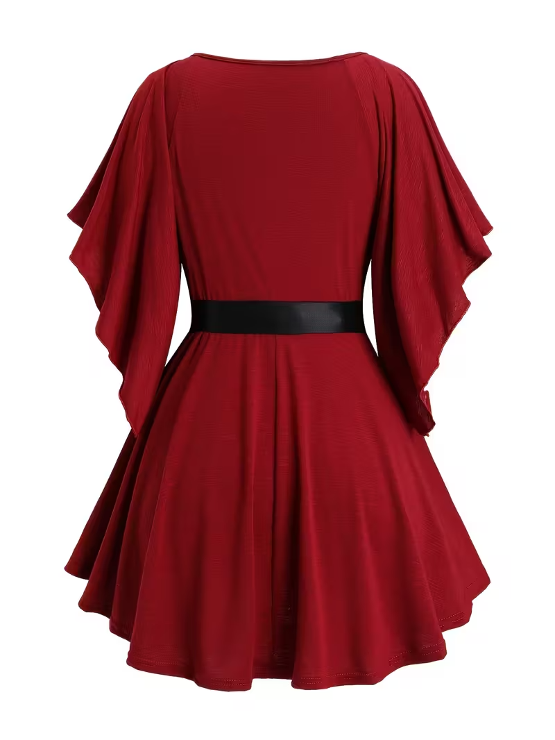 Red dress with black belt on a white background