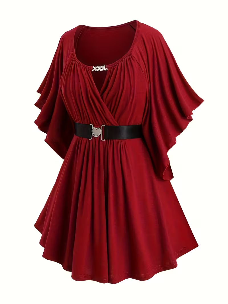 Red dress with a black belt on a white background