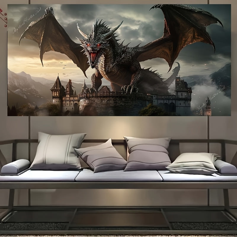 Large wall art of a dragon over a castle with a sofa below.