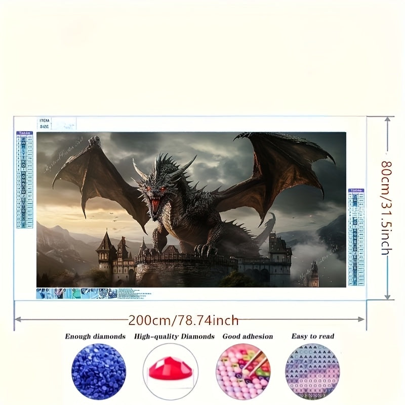 Dragon-themed diamond painting with castle and mountain background, size 200cm x 80cm.