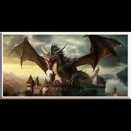 Dragon overlooking a castle with a mountainous background