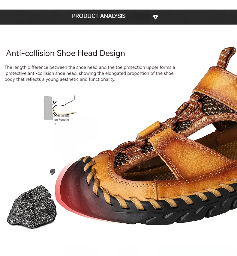 Brown sandal with anti-collision shoe head design on a white background