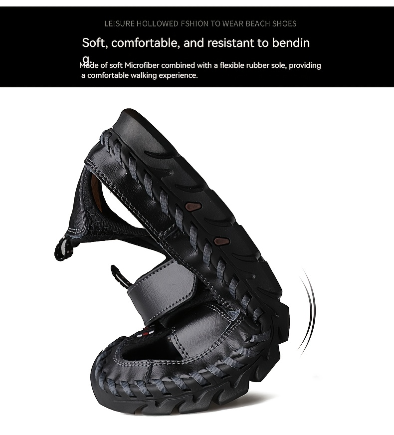 Black sandal with braided design on a white background