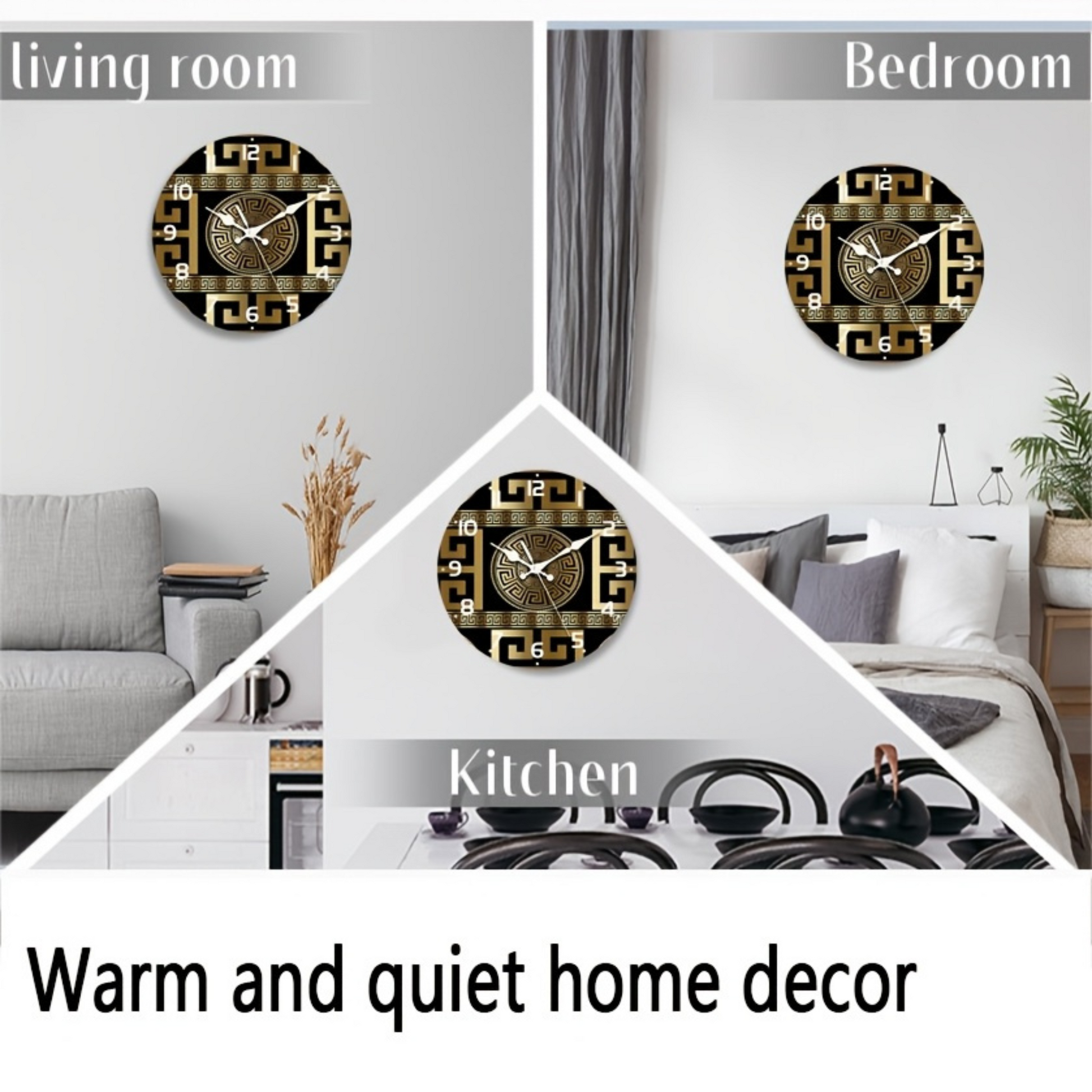 Close-up of Fantascticz luxury gold wall clock, Egyptian detailing on face and hands