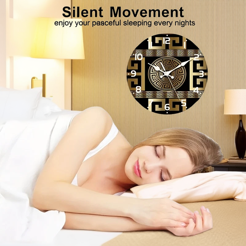 Lifestyle shot of Fantascticz luxury gold wall clock in bedroom setting, showing silent movement and Egyptian theme