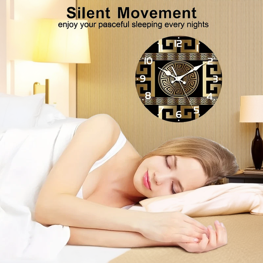 Lifestyle shot of Fantascticz luxury gold wall clock in bedroom setting, showing silent movement and Egyptian theme