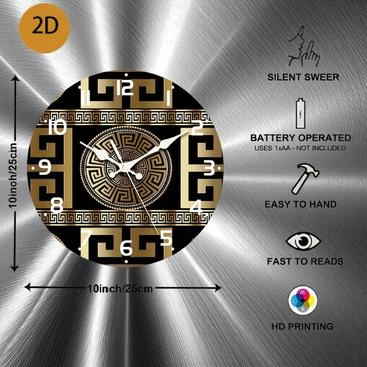 Fantascticz luxury gold wall clock with reflective silver finish and retro Egyptian pattern