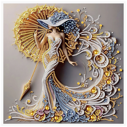 Artistic depiction of a woman in an elaborate dress with decorative elements on a gray background