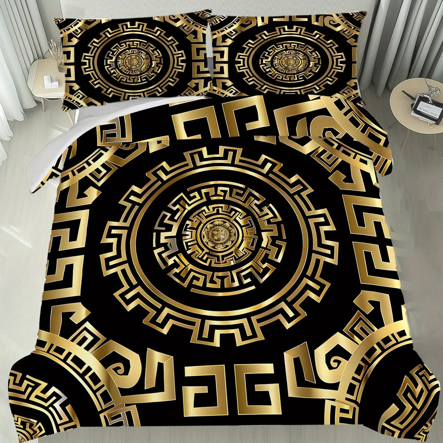 Decorative bedding set with gold and black geometric pattern on a bed.