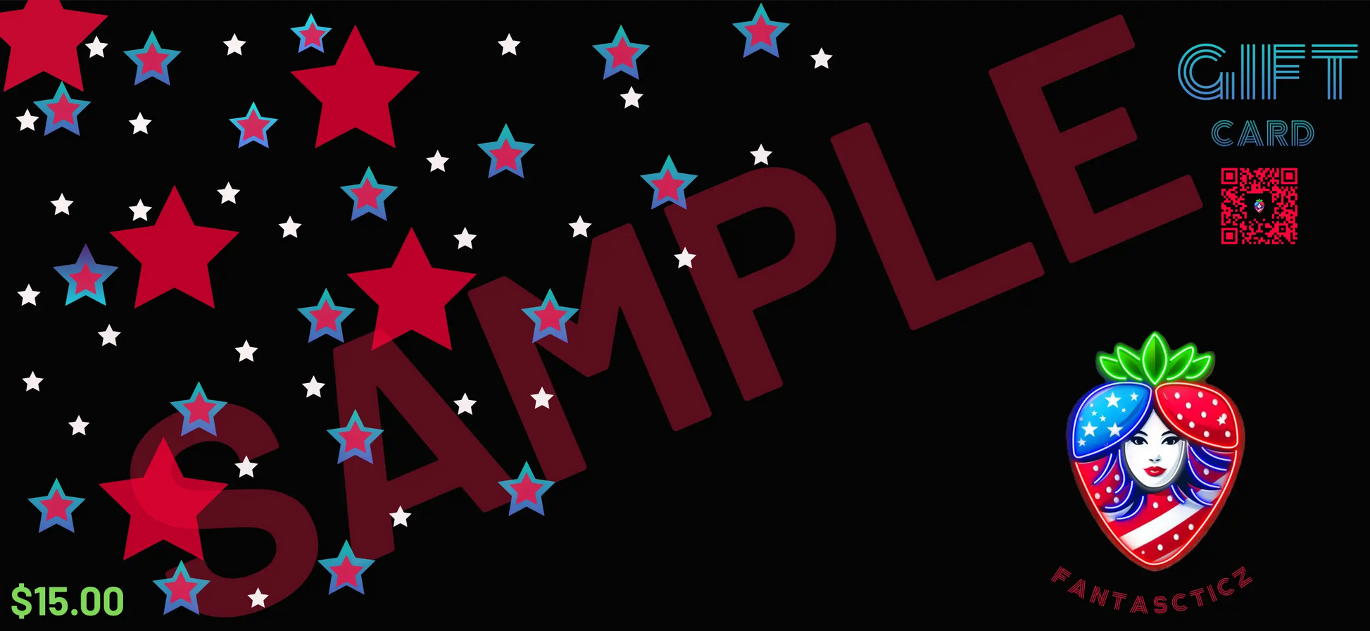 Gift card with red stars, 'SAMPLE' text, and a colorful logo on a black background.