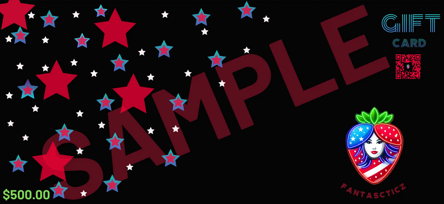 Gift card with red stars, 'SAMPLE' text, and a colorful logo on a black background.