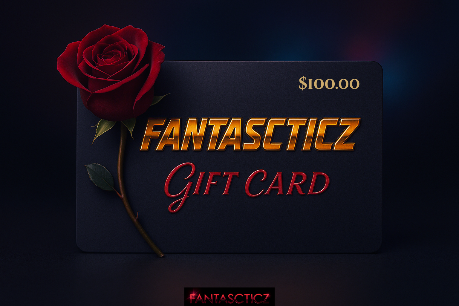 Fantastycz gift card with a red rose on a dark background