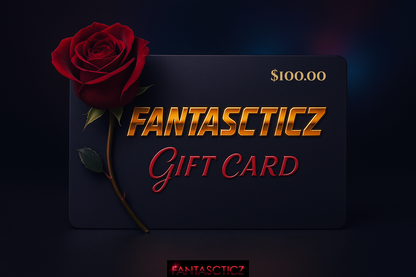 Fantastycz gift card with a red rose on a dark background