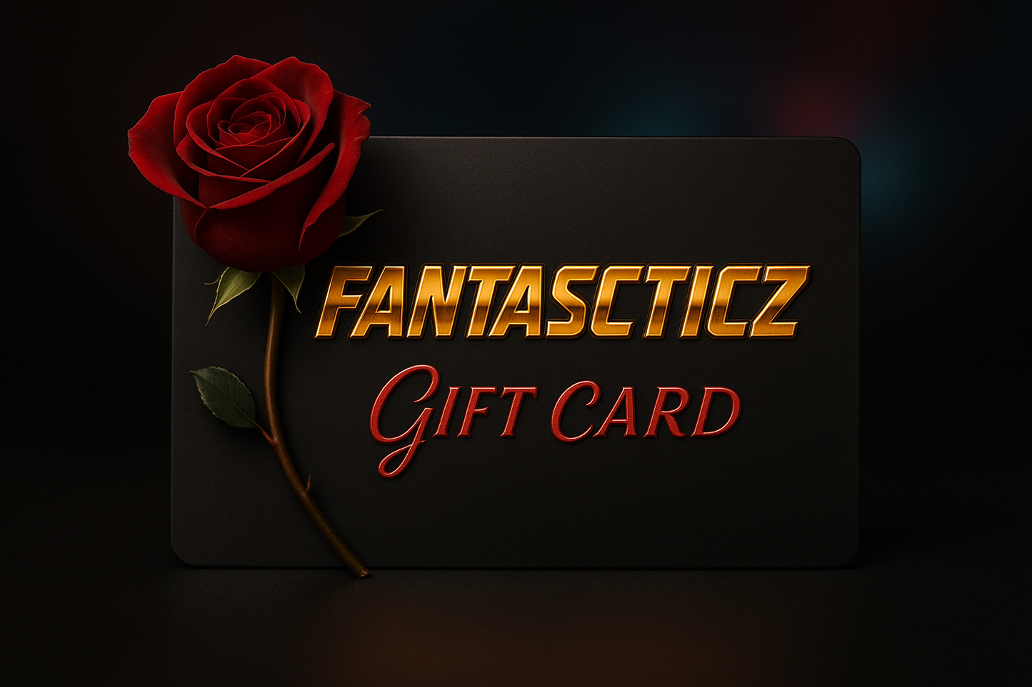Gift card with red rose on a dark background, featuring the brand 'Fantascticz'.
