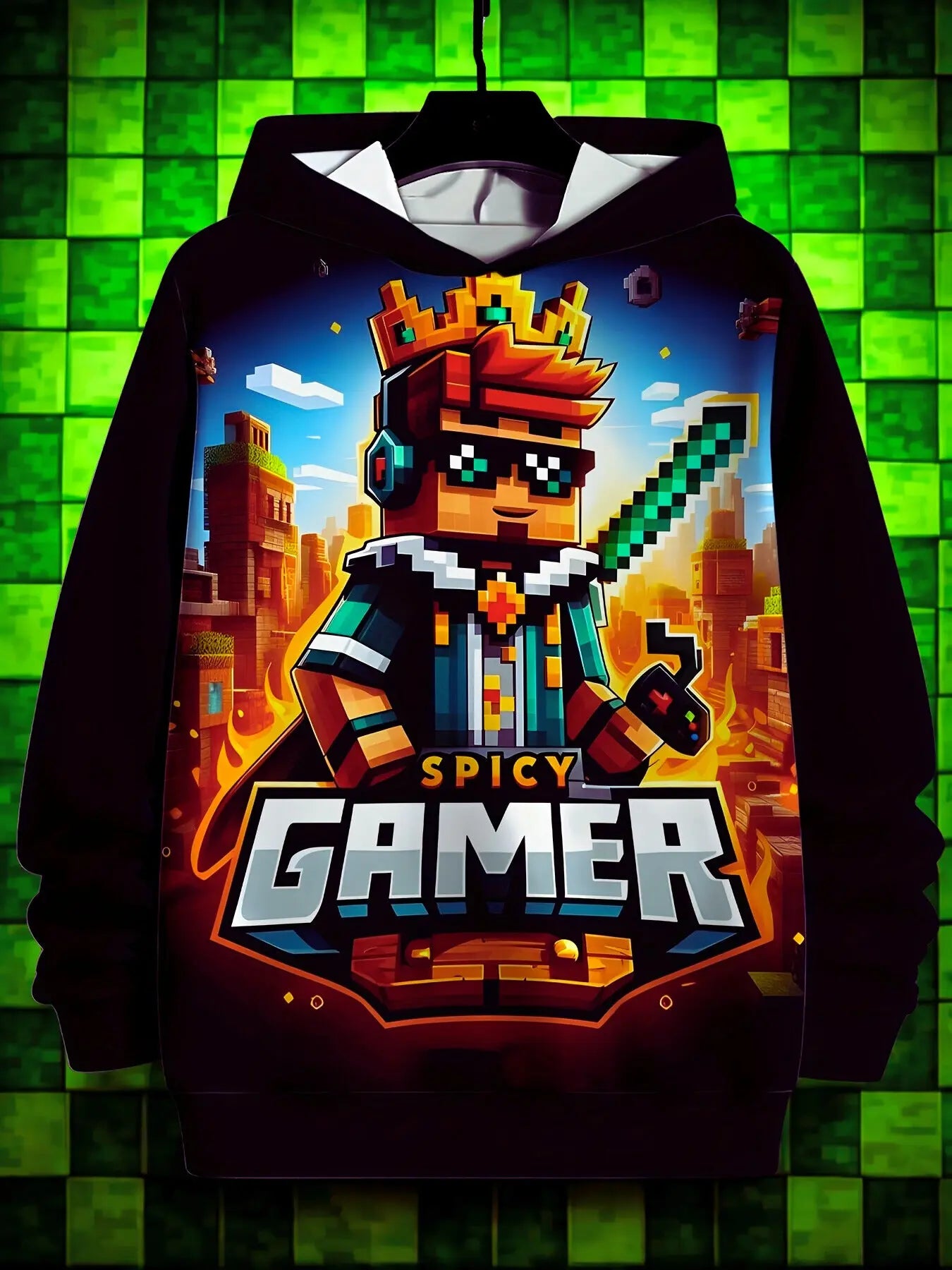 Hoodie with a 'Spicy Gamer' design featuring a character with a crown and sword on a green checkered background.