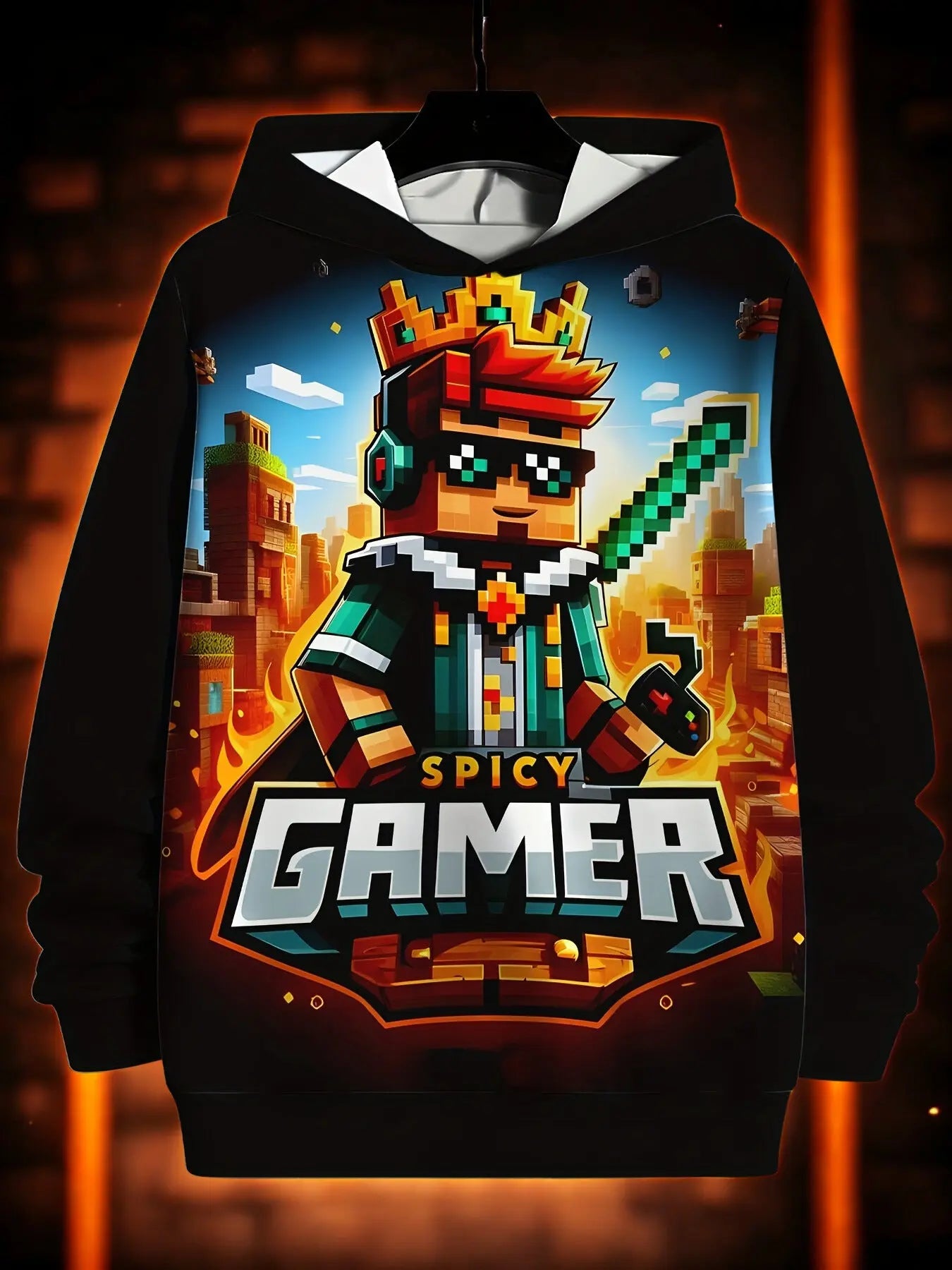 Hoodie with a 'Spicy Gamer' graphic design on a dark background