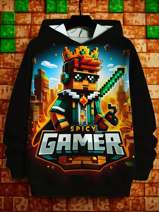Hoodie with a 'Spicy Gamer' design on a brick wall background