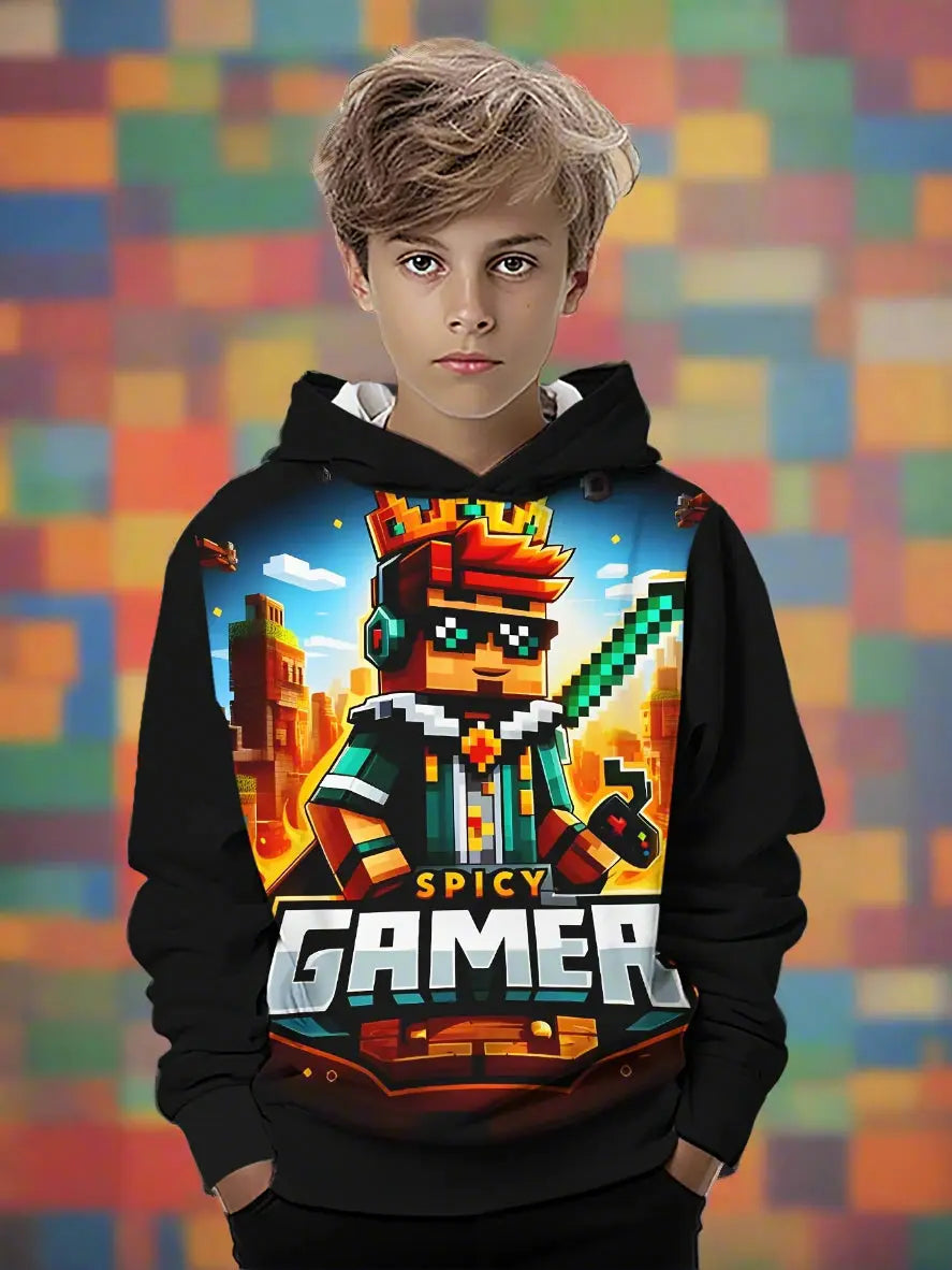 Boy dressed in Fantascticz Spicy Gamer Hoodie, with multicolored brick pattern in rainbow colors.