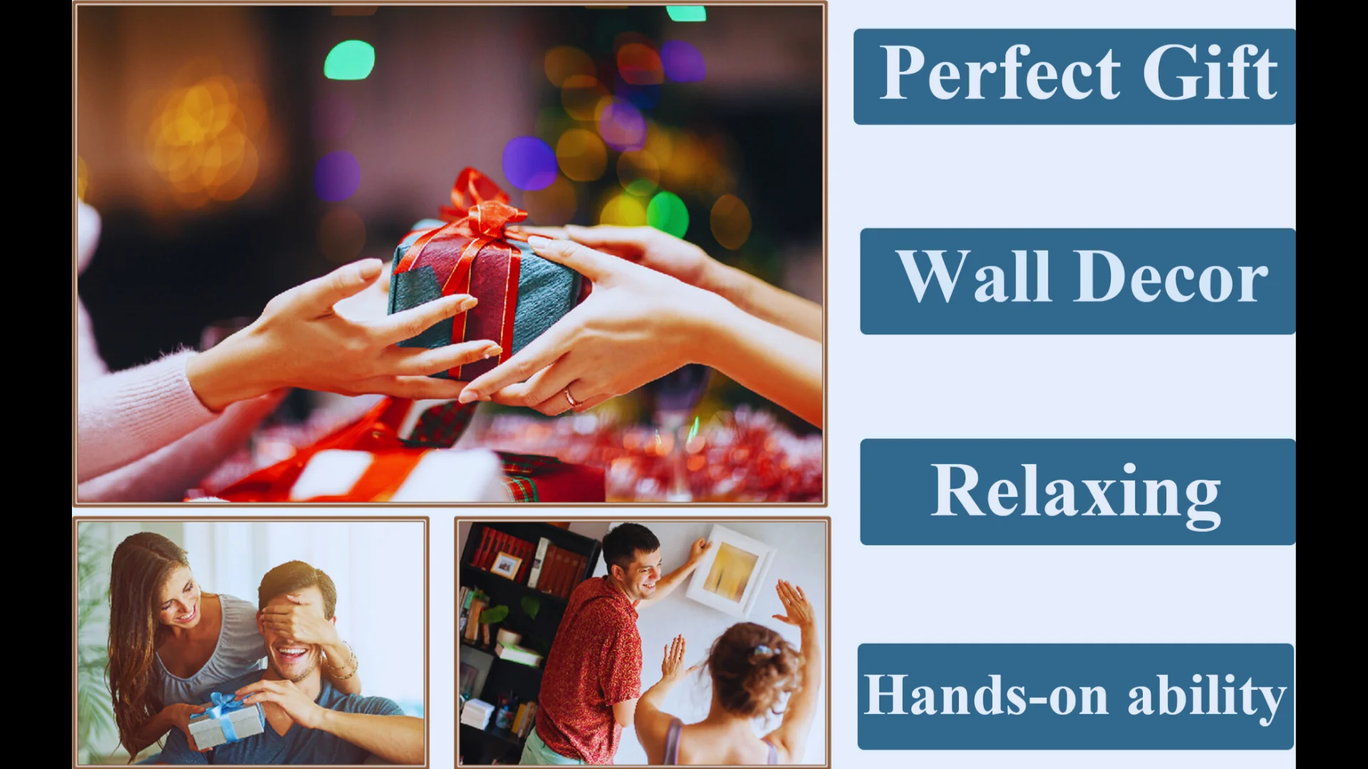 Collage of hands exchanging a gift with text describing product features.
