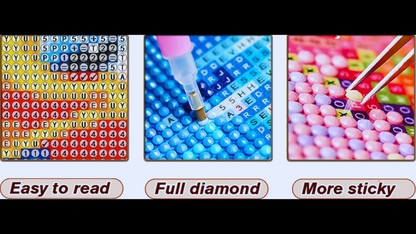 Collage of diamond painting kits with text labels on a black background